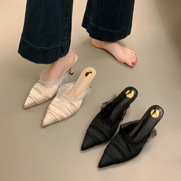 Xajzpa Female Shoes Slippers Women Summer Slides Thin Heels Cover Toe Heeled Mules Lace 2025 High Pointed Shoes Woman 2025 Female Mule